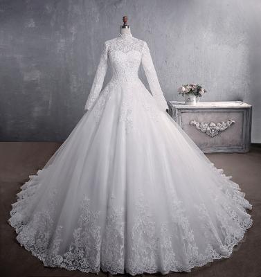 China Long Sleeve Anti-Static Illusion High Neckline Simple Lace Appliqued Dresses Women Modest Wedding Dress for sale