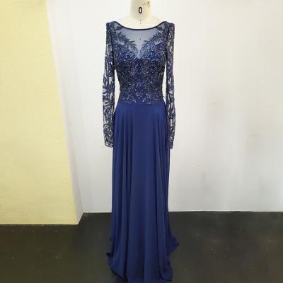 China 2022 New Arrivals Anti-Static Scoop Neck Beaded Dark Blue Lady Long Sleeve Dress Evening Dresses for sale