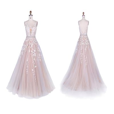 China Design V Waist Rhinestone Trim Evening Dress Applique Beaded Deep Backless Elegant Bottom Anti-Static Lace Long Puffy Prom Dress for sale