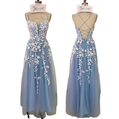 China Price Anti-Static A-Lines Deep V Spaghetti Strap Lace Up Sexy Formal Evening Dress Light Blue Criss-Cross Back Lace Applique Prom Dress for sale