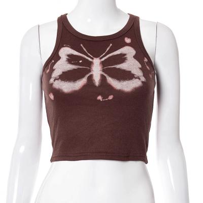 China Breathable Round Neck Butterfly Print Navel Slim Women'S Tube Sleeveless Top for sale