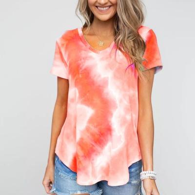 China Women's Casual QUICK DRY V Neck Plus Size Short Sleeve V Neck Tie Dye T Shirts for sale