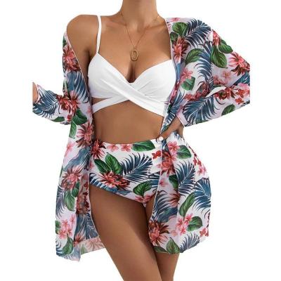 China 3 Pieces Floral Print Breathable Mesh Bikini Women Swimsuit Sets for sale