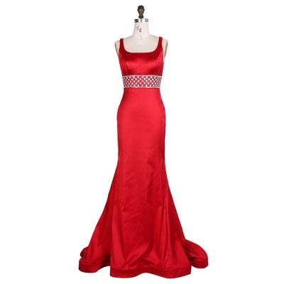 China Red Rhinestone Square Anti-Static Backless Sash Sexy Ball Collar Satin Floor Length Evening Dress For Women for sale