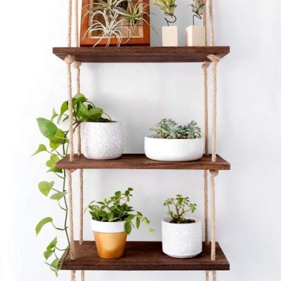 China (Other) Adjustable 3 Tier Jute Rope Organizer Rack Floating Shelf Wall Swing Storage Shelves Wall Hanging Wood Shelf for sale