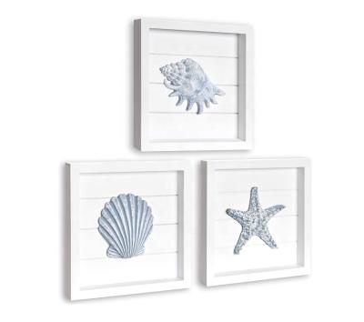 China Eco-friendly beach wall decorated with blue shells and starfish, 3 white wooden frames, suitable for coastal bathroom or bedroom, home for sale