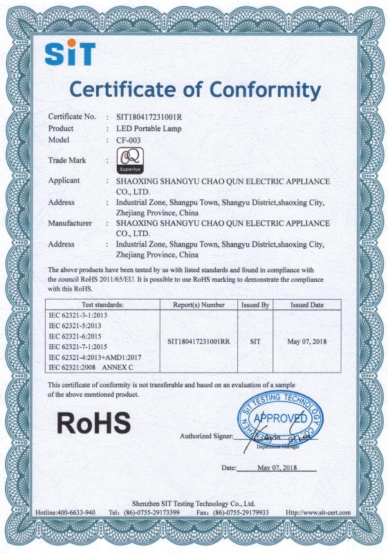 RoHS - Shaoxing Shangyu Chaoqun Electric Appliance Co., Ltd.