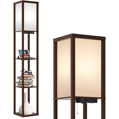 China Modern Floor Lamp with Shelves, LED Column Modern Floor Lamp with USB Port and Power Outlet, Display Storage Wood Standing Light for sale