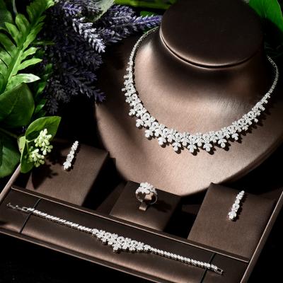 China Luxury Colorful Zircon Four Piece Costume Necklace Earring Bracelet Ring Zircon Necklace Set Wedding Bridal Jewelry Set for sale