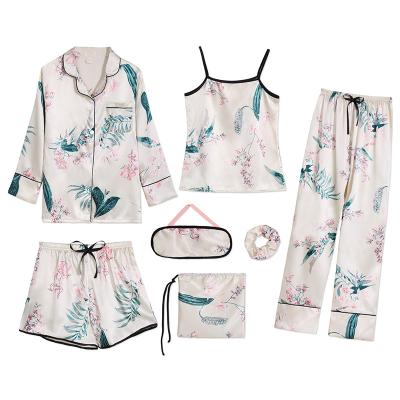 China Summer style spring and maple leaf ice silk ladies QUICK DRY home pajamas 7 pieces set for sale