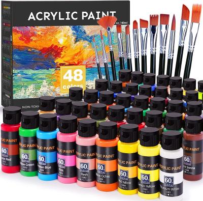 China Wholesale Professional Art Painting Acrylic Paint Bottle ASTM D-4236/EN71 With 12 Brush 48 Vibrant Colors 60ML Non-Toxic for sale