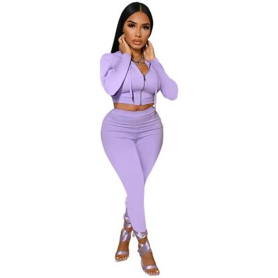 China Solid Color Hooded Casual Sports Anti-Static Women's Zipper Fashion Two Piece Set for sale