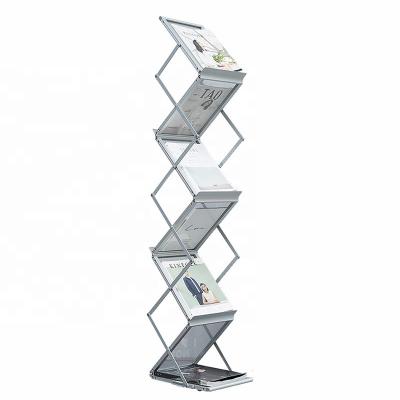 China Folding Aluminum Frame A4 Board Display Stand Catalog Magazine Brochure Holder Acrylic Silver Folding Stand For Promotion for sale