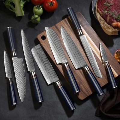 China Resin Handle Arrow Pattern 8PCS VG10 Damascus Steel Disposable Knife Set for sale