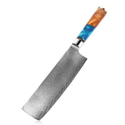 China Sustainable Blue Resin Handle 7Inch Damascus Nakiri Japanese Kitchen Knife for sale