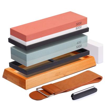 China 4 Sides Disposable Grit 400/1000 3000/8000 Knife Sharpening Stone With Non-Slip Bamboo Base And Angle Guide for sale