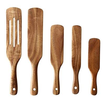 China 5 Pcs Sustainable Natural Acacia Kitchen Utensil Set Non Stick Wood Cookware Slotted Spurtle Spatula Set For Stirring for sale