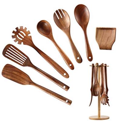 China Sustainable Wooden Kitchen Utensil Set Hanging Kitchenware Organizer For Spoon Spatula Fork Teak Wood Cooking Spoons for sale