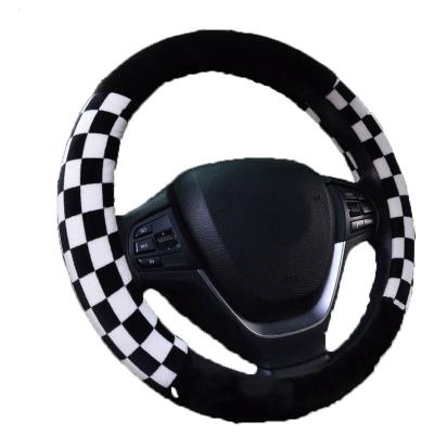 China Universal Winter Comfortable Anti-skid Plaid Plush Fuzzy Black Car Steering Wheel Cover 37CM-38CM for sale