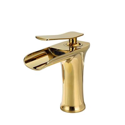 China Hot And Cold Metered Bathroom Faucets Gold And Black Single Hole Bathroom Basin Sink Waterfall Faucets for sale