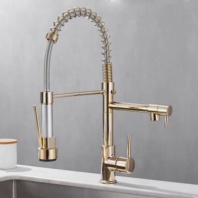 China Sense Faucets Dual Spout Gold Plated Kitchen Sink Faucet With Pull Down Spray Kitchen Faucet for sale