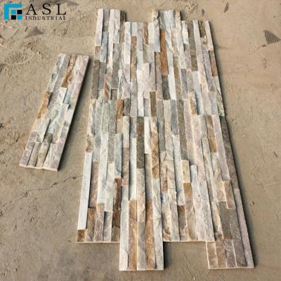 China Modern decorative 3D gold or yellow or beige or cream wall natural stone peeled veneer strips and cement stacked stone for sale