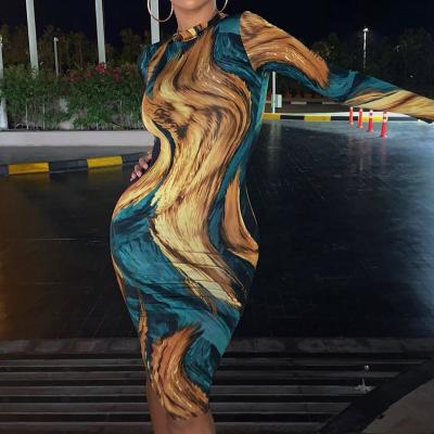 China Anti-Static Wholesale Printed Long Sleeve Dress Bodycon Woman Midi Dress for sale