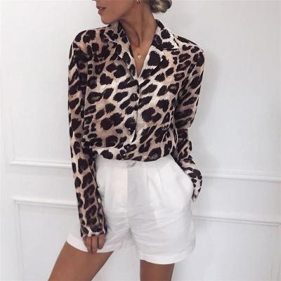 China Anti-pilling Lady Fashion Leopard Print Chiffon Shirt Blouse And V-Neckline Long Sleeve Woman Blouse Top High Quality for sale