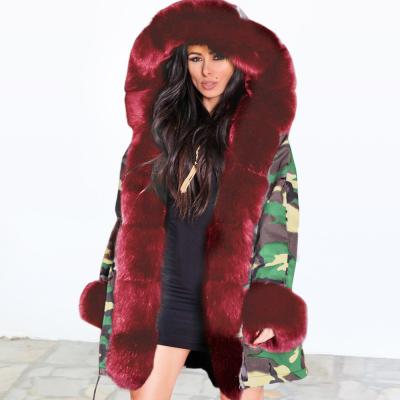 China ZC H0940 Anti-wrinkle Hot Selling Women Amazone Coats Long Winter Coats Camouflage Big Fur Hooded Collar Warm Coats for sale