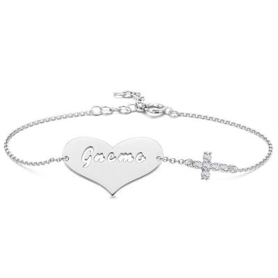 China TRENDY Mother's Day Fashion Charm With Cross Shiny Zircon Inscription Name Ladies Custom Heart Shaped Bracelet for sale