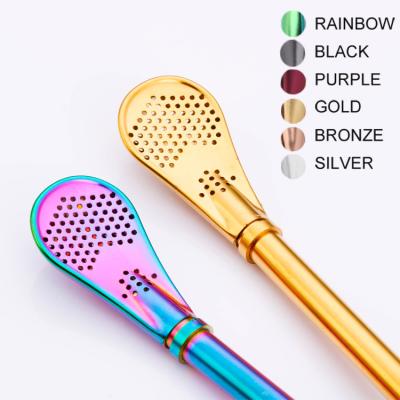 China Wholesale Colored Reusable Metal Disposable Drinking Straw Spoon 304 Stainless Steel Straw With Dismountable Spoon Bombillas Yerba Mate Straw for sale