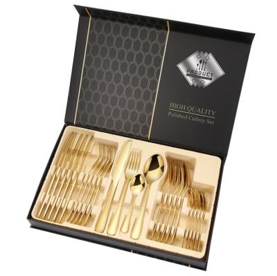 China Workable Mirror 24pcs Polish Gold Cutlery Dinner Set Black Cheap Thin Handle With Gift Box For 6 People for sale