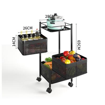 China Sustainable 360 ​​Degree Carbon Steel Rotating Shelf Kitchen 3 Layers Adjust Fruit Vegetable Basket With Removable Wheels Storage Rack for sale