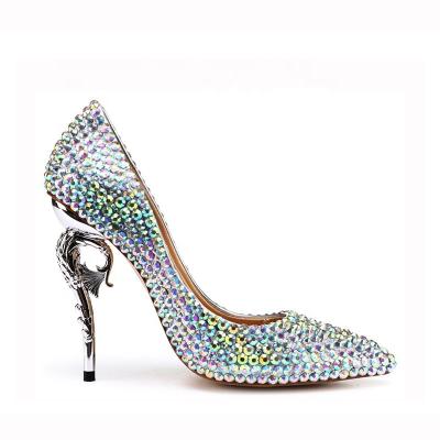 China Stylish Strange Crystal Pointed Toe Women High Heel Shoes Rhinestone Breathable Lodging Pumps Woman Wedding Shoes for sale