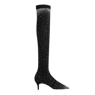 China Breathable Women Sexy Long Thigh High Elastic Stretch Sock Boots Faux Stone Boots Pointed Toe Over The Knee Boots for sale