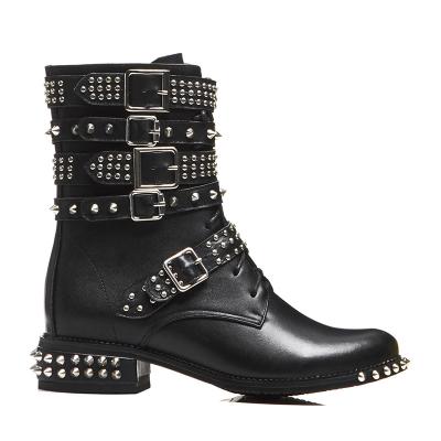 China Breathable Genuine Leather Matte Black Studded Biker Boots Chunky Moto Martin Boots Cow Girl Slip On Boots for sale