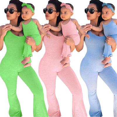 China Anti-Wrinkle Mommy and Me Suit Mom and Daughter Solid Color Overalls 2022 Summer New Children Onesie Pajamas Family for sale