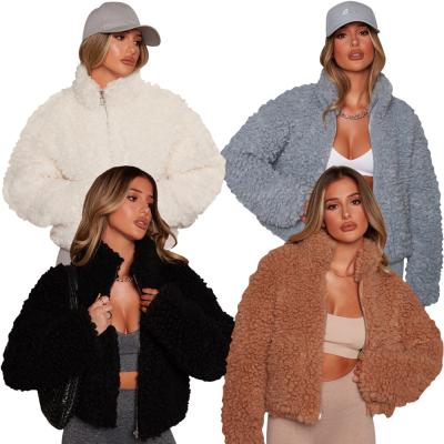 China Anti-Wrinkle Winter Cardigan Fleece Jacket Lambswool Coat Women Short Sheath Long Fuzzy Cropped Jacket Zipper Pocket Stand Push Coat for sale