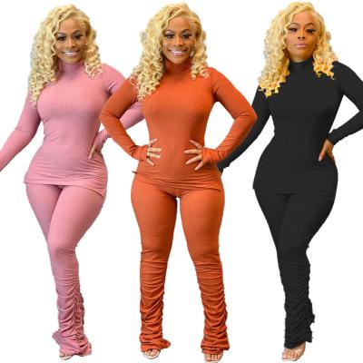 China QUICK DRY 2021 Autumn Women's Luxury Clothing Solid Color Ribbed Jogging Suit Stacked Panty 2 Piece Sweatsuit Set for sale