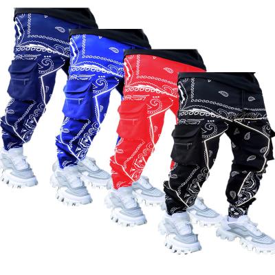 China Anti-Wrinkle Street Wear Hip Hop Bandana Print Tactical Cargo Breeches With Gussets Pocket Plus Size Men's Pants And Trousers for sale