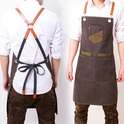 China New Arrival Adjustable Shoulder Strap Cleaning Cross Back Barber Barista Denim Apron Custom Logo Kitchen Apron For Men for sale