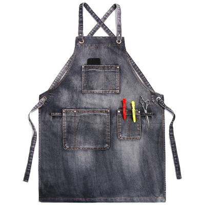 China Mats Denim Tool Shop Apron with 5 pockets for the hairstylist with pockets for women's cross straps and adjustable baking for sale