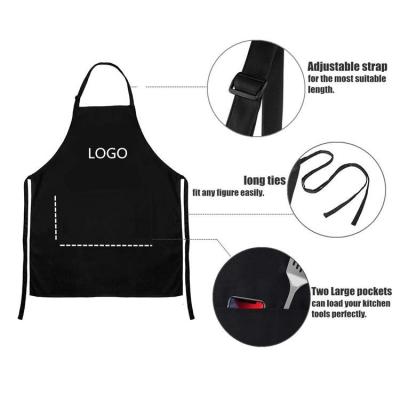 China Factory Cleaning OEM Custom Design Print Logo Black Long Chef Cooking Kitchen Bib Apron In Cotton With Two Pockets For Women Men for sale