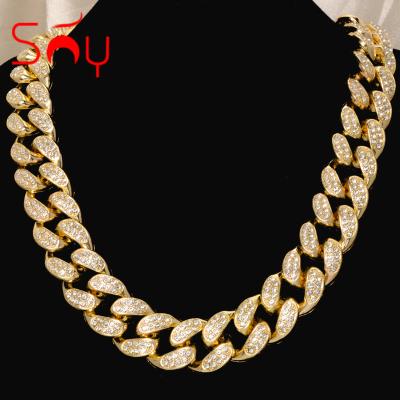 China Hiphop Full Rhinestone 14mm 14K Gold Plating Miami Cuban Link Chain Hiphop Necklace Brass Jewelry for sale