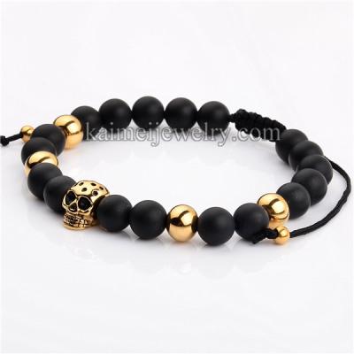 China Hot Trendy Braid Trendy Adjustable Skull Charm Men's Matte Black Onyx Bead Bracelet for sale