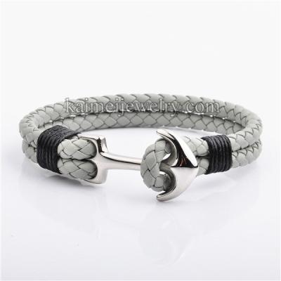 China Simple FASHIONABLE Men's Gray Real Cow Leather Gold Stainless Steel Style Braided Leather Bracelet Anchor for sale