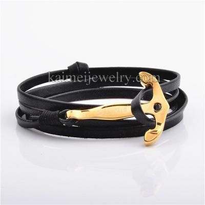 China FASHIONABLE Factory Customize Brand Designs Stainless Steel Jewelry Mens Leather Rope Anchor Bracelet for sale