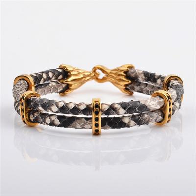 China Luxury Natural Color Double Python Leather Bracelet Men With Stainless Steel Clasp for sale