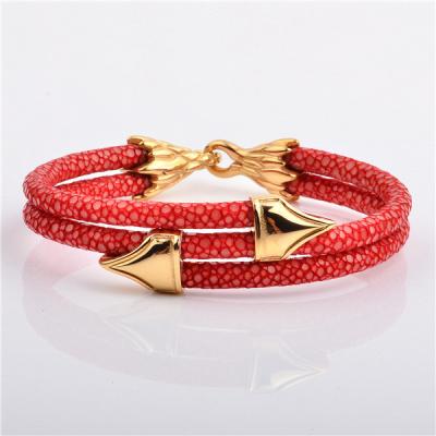 China 316L Stainless Steel Fashion Jewelry Trendy Luxury Hand Made Hook Hugger Real Red Stingray Leather Bracelet for sale