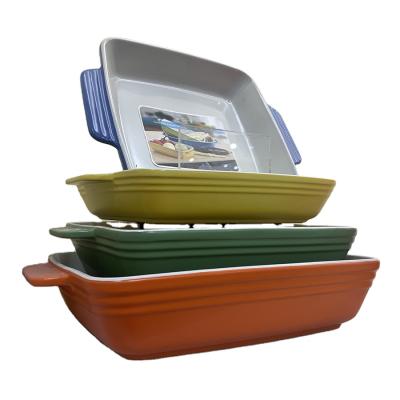 China Sustainable Wholesale Ceramic Baking Dish Pans Rectangle Colored Stoneware Bakeware With Handles For Baking for sale